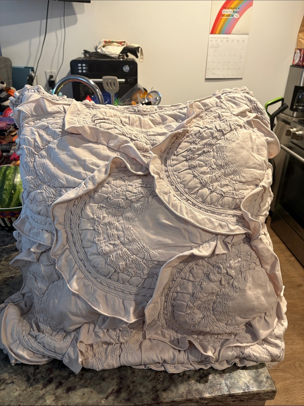 Anthropologie Ruffled Circular Appliqué Pillow - Light Beige European Shams